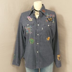 Vintage Levis Embroidered Chambray Shirt Butterfly Owl Frog Bee Ladybug 70s OOAK